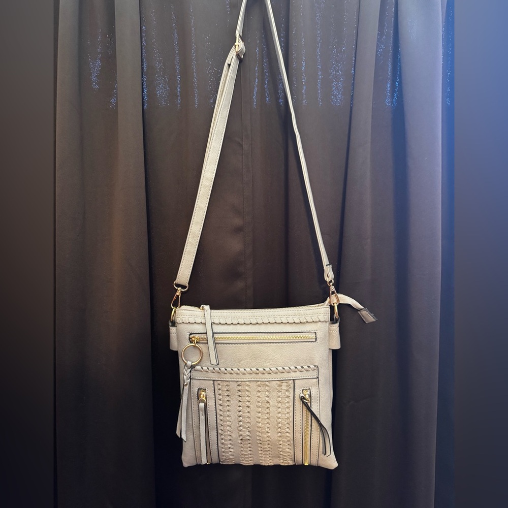 Woven Panel Crossbody Bag in Light Gray with Gold Hardware